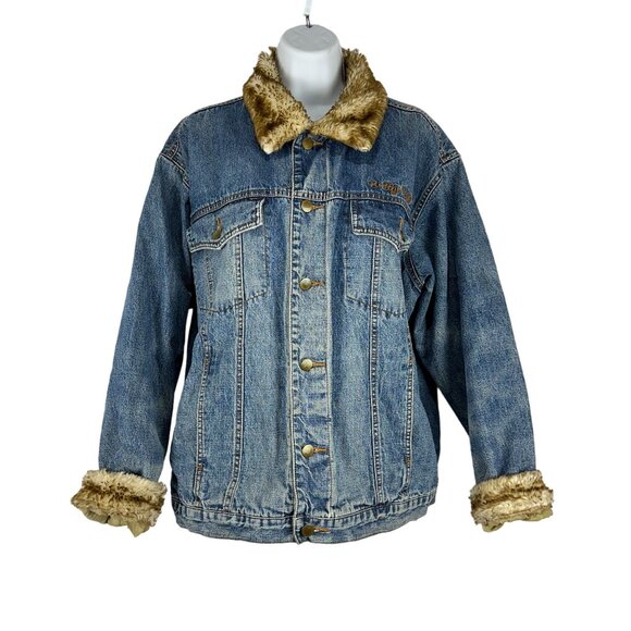 Big Dogs Womens Denim Fur Collar Jacket Large Button Up Vintage Blue - Picture 7 of 13